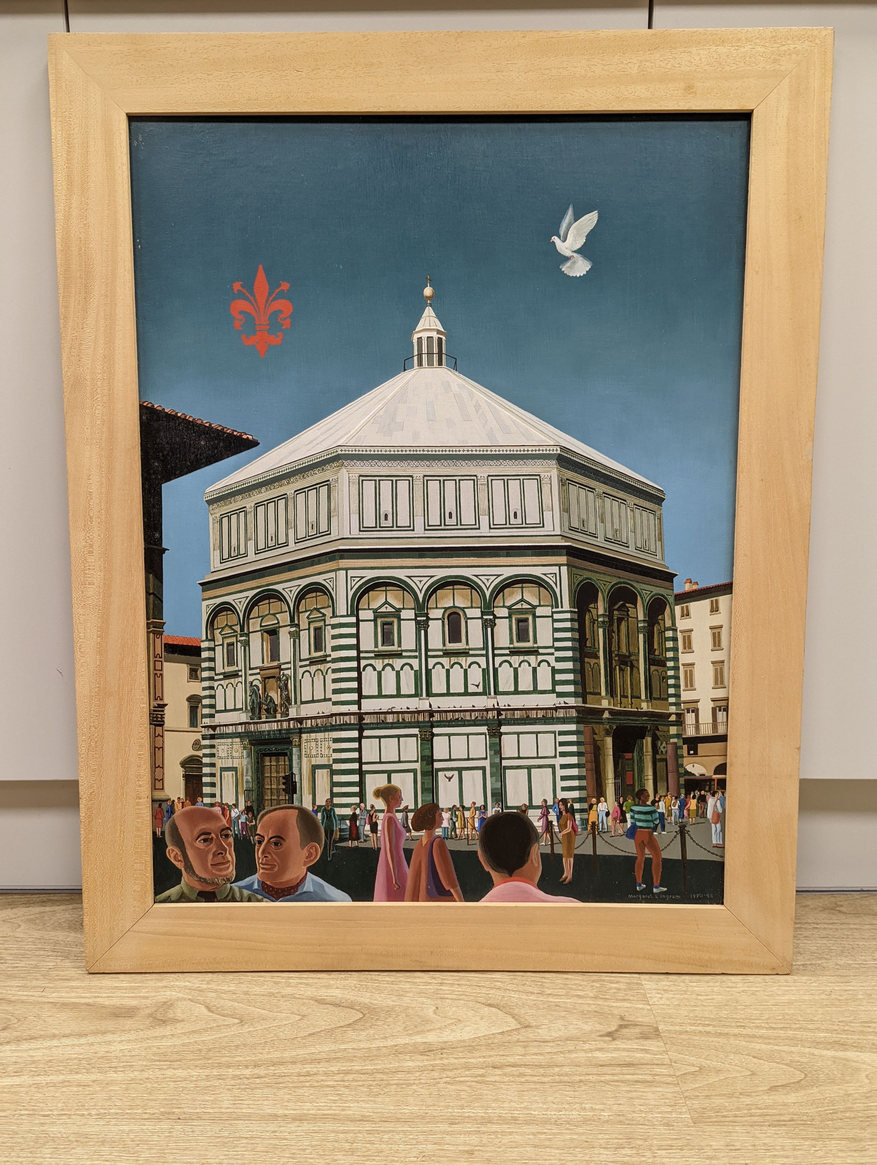 Margaret Ingram (1930-), oil on board, Ronald Miller and Robert Erich Wolf in front of The Baptistry Florence, Italy, signed and dated 1990-95, 70 x 53.5cm